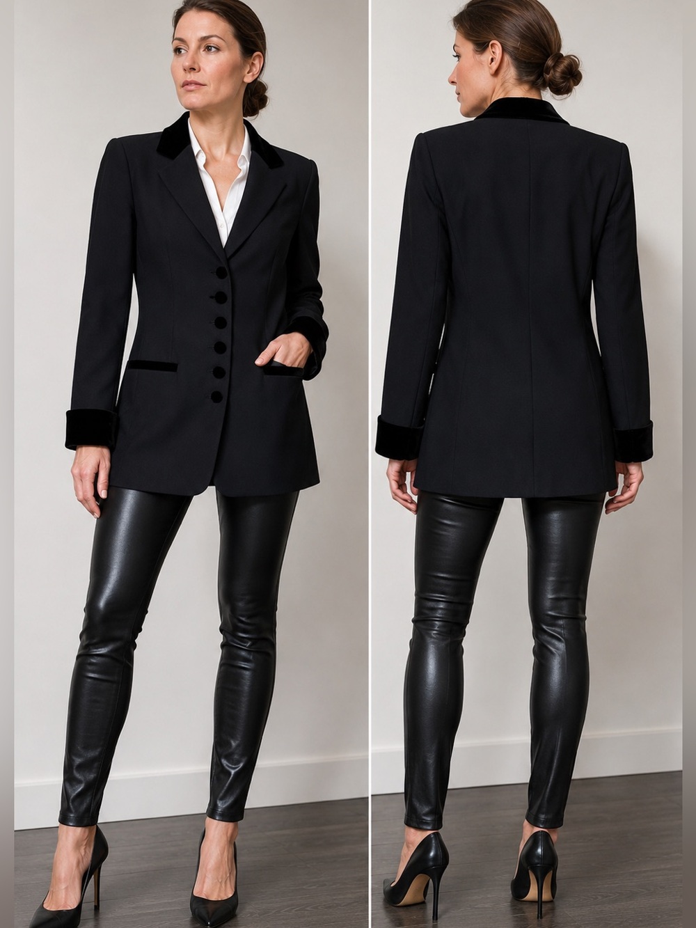 Vintage Hugo Buscati Velvet Trim Tailored Black Longline Wool Blazer Jacket Sz 6